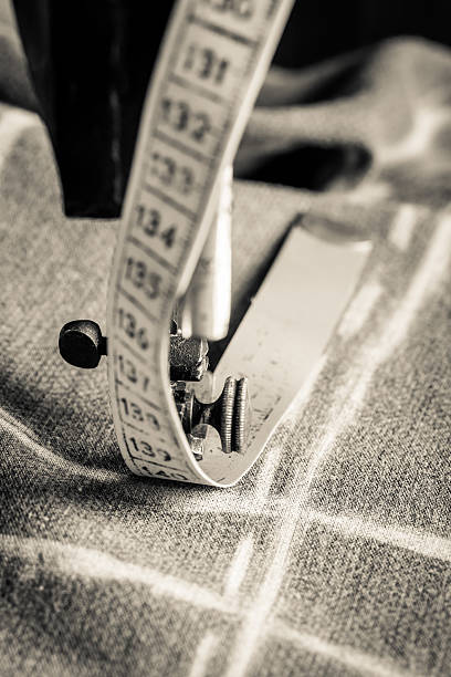 istock Closeup of tailor machine with cloth and pattern 586160382