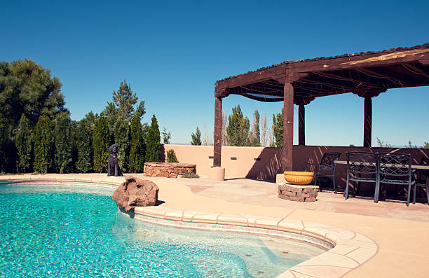 istock Summer Back Yard Patio with Swimming Pool 586161224