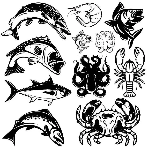 Vector illustration of set of monochrome freshwater and marine fish and shellfish
