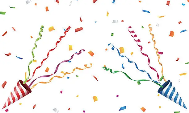 Vector illustration of Exploding party popper with confetti and streamer