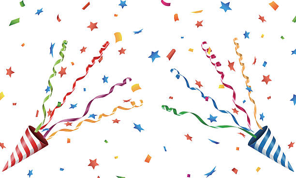 ilustraciones, imágenes clip art, dibujos animados e iconos de stock de explotando fiesta popper con confeti y serpentina - streamer congratulating party popper birthday