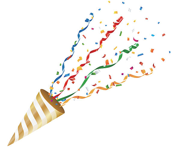 ilustraciones, imágenes clip art, dibujos animados e iconos de stock de explosión de fiesta popper con confeti y streamer sobre fondo blanco - streamer congratulating party popper birthday