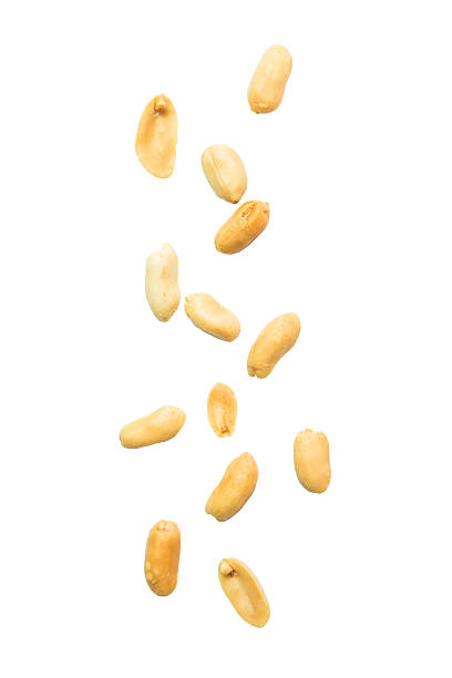 istock Peeled and salted peanut falling on white background 586163250