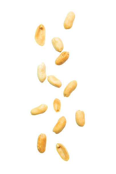очищенный и соленый арахис, падающий на белый фон - peanut стоковые фото и изображения