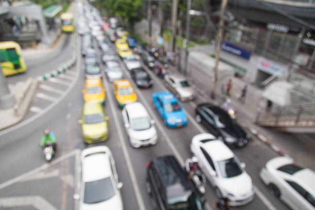 istock Blur traffic jam with bokeh light, transportation background 586163308