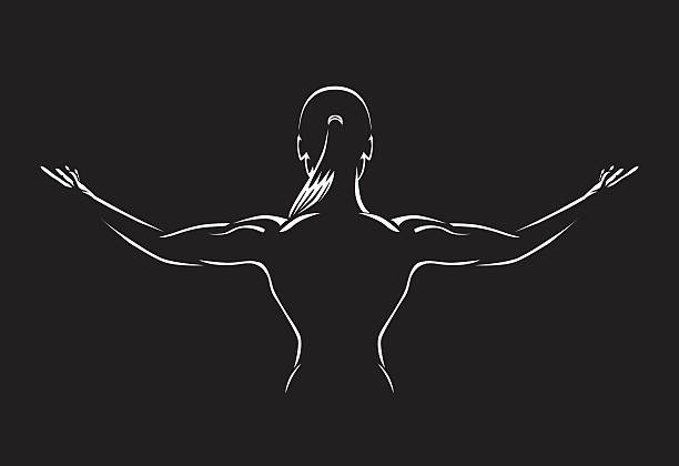 ilustraciones, imágenes clip art, dibujos animados e iconos de stock de mujer extendiendo los brazos para mostrar los músculos de la espalda - culturismo ilustraciones
