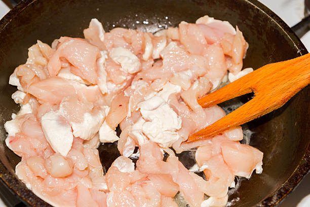 istock Cooking small pieces of chicken in the pan 586163984