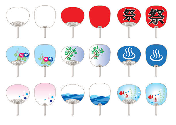 Japanese Fan vector illustration set (9 coloer type) About  font 祭, It called "matsuri". Japanese traditional festival. hand fan stock illustrations