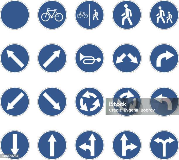 Set Of Round Blue Road Signs On White Stock Illustration - Download Image Now - Road Sign, Bicycle, Pedestrian