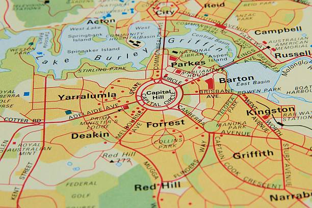 istock Close up map of Canberra, Australia 586170278