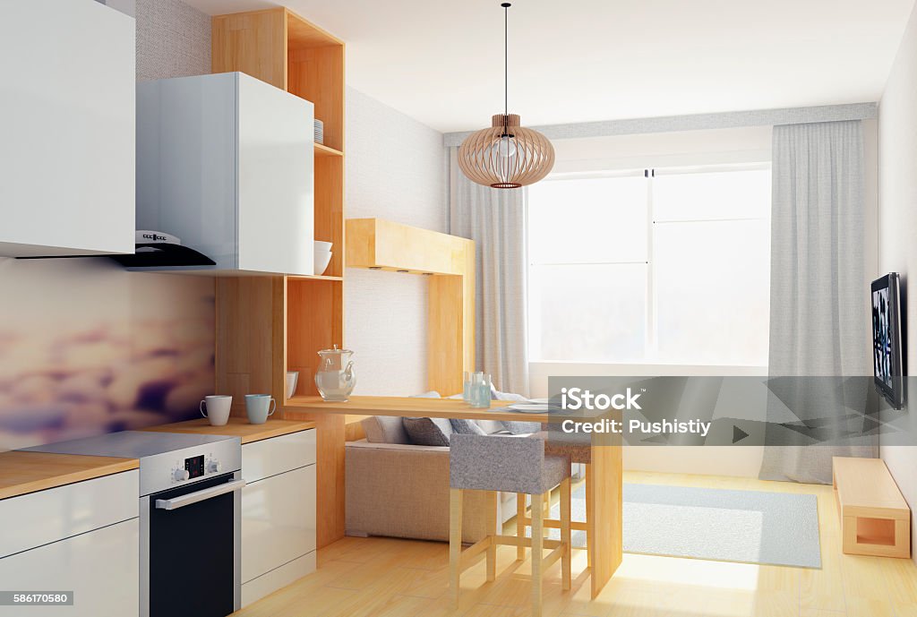 Ilustração 3D do apartamento moderno no estilo escandinavo - Foto de stock de Apartamento royalty-free