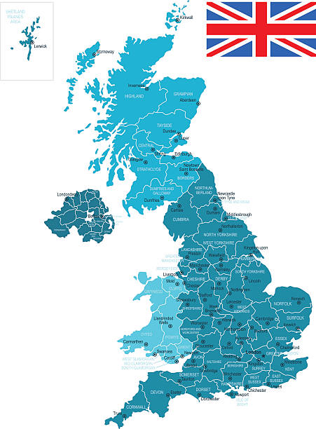 United Kingdom Map Blue Map of United Kingdom  The urls of the reference files are (country, continent, world map and globe):  http://www.lib.utexas.edu/maps/europe/united_kingdom_pol87.jpg http://www.lib.utexas.edu/maps/world_maps/time_zones_ref_2011.pdf  - The illustration was completed March 20, 2016 and created in Corel Draw  - 1 layer of data used for the detailed outline of the land south east england stock illustrations