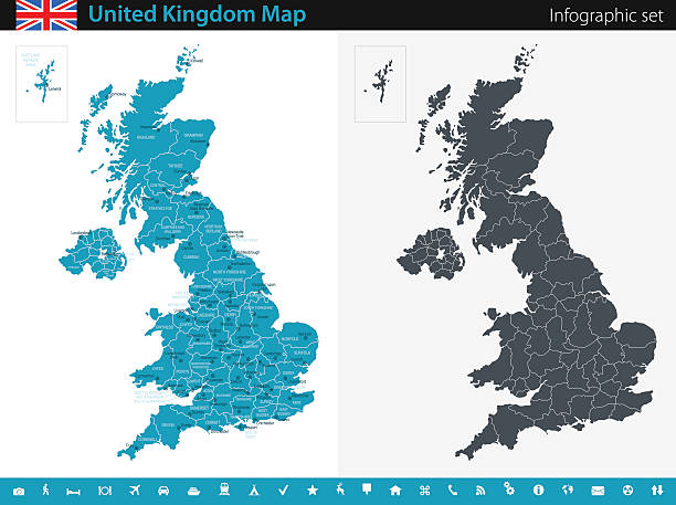 United Kingdom Map - Infographic Set Vector maps of the United Kingdom with variable specification and icons  The urls of the reference files are (country, continent, world map and globe):  http://www.lib.utexas.edu/maps/europe/united_kingdom_pol87.jpg http://www.lib.utexas.edu/maps/world_maps/time_zones_ref_2011.pdf  - The illustration was completed March 23, 2016 and created in Corel Draw  - 1 layer of data used for the detailed outline of the land midlands england stock illustrations