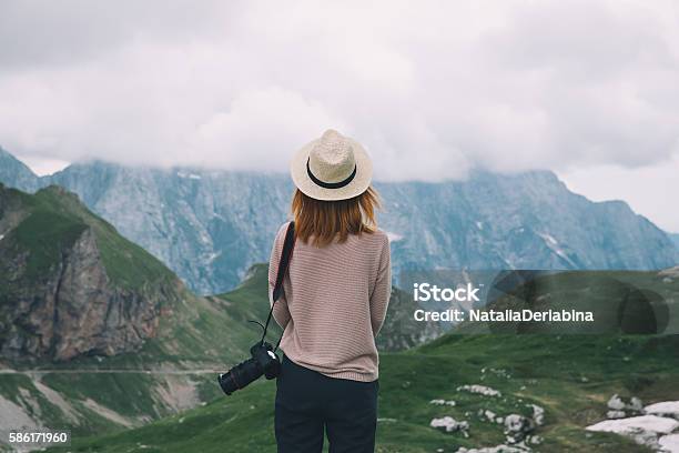 Young Woman Relaxing Outdoor Travel Lifestyle Stock Photo - Download Image Now - Girls, Teenage Girls, Mountain