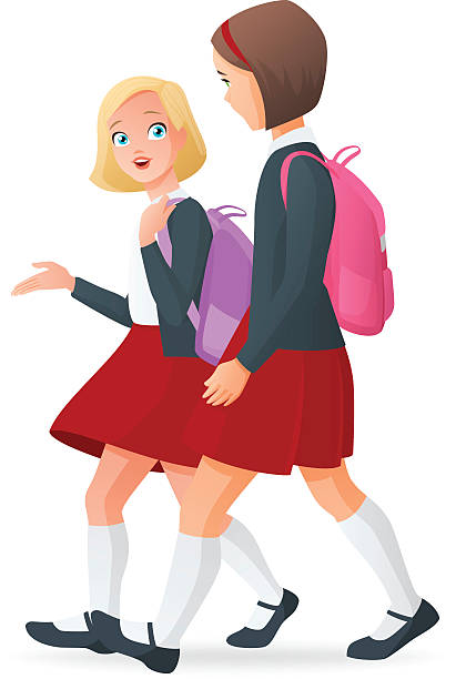 Young girls talking and going to school. Isolated vector illustration. Two young girls in uniform talking on the way going back to school. Cartoon vector illustration isolated on white background. melting girl stock illustrations