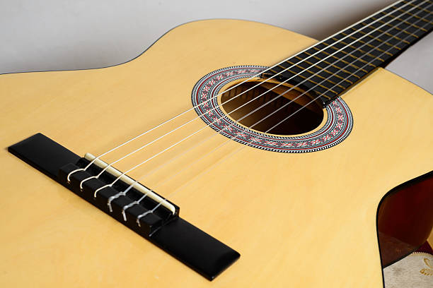 istock Body classical guitar with yellow deck isolated on white background 586174688