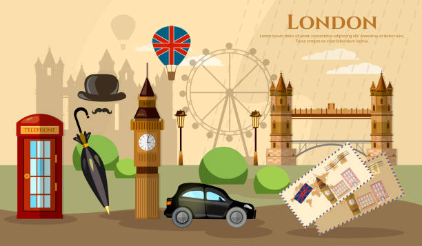 London banner capital of Great Britain atraction London banner capital of Great Britain atraction United Kingdom vector illustration tea cup ride stock illustrations