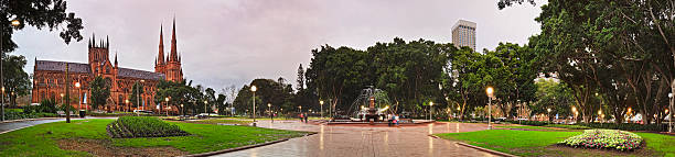 Sy Hyde park rain set pan wide panorama of Sydney Hyde park with Archibald fountain and St Mary cathedral between walk ways, trees and flowers. hyde park flowers stock pictures, royalty-free photos & images