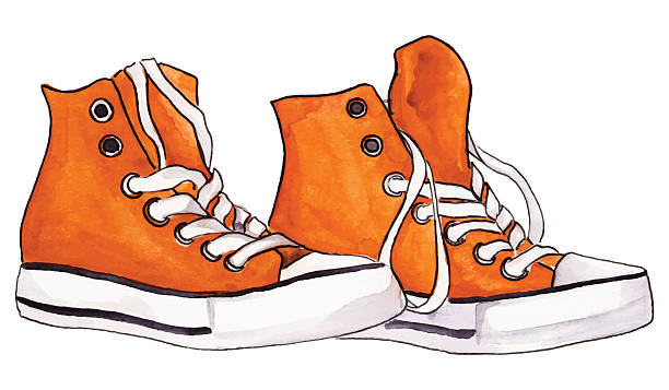 ilustraciones, imágenes clip art, dibujos animados e iconos de stock de zapatillas de acuarela naranja par zapatos vector aislado - illustration and painting pencil drawing image sports shoe