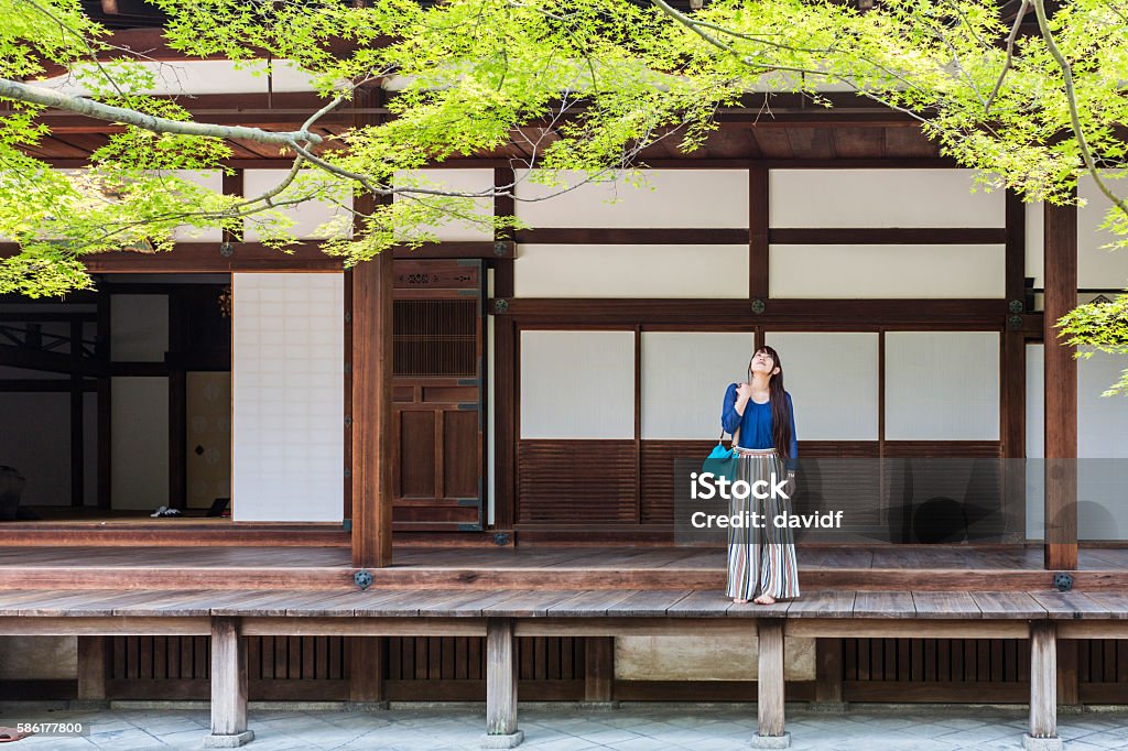 Japanese Woman Relaxing in the Grounds of Buddhist Temple A young Japanese woman taking a relaxing mindful and meditative walk in the grounds of a beautiful, ancient Buddhist temple in Kyoto, Japan Kyoto City Stock Photo