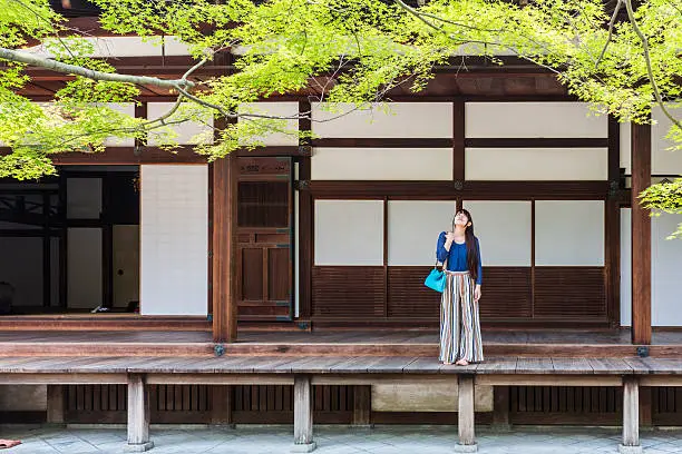 Photo of Japanese Woman Relaxing in the Grounds of Buddhist Temple