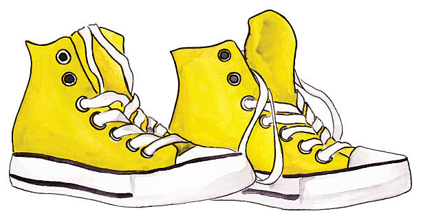 ilustraciones, imágenes clip art, dibujos animados e iconos de stock de acuarela zapatillas de limón amarillo par zapatos vector aislado - illustration and painting pencil drawing image sports shoe