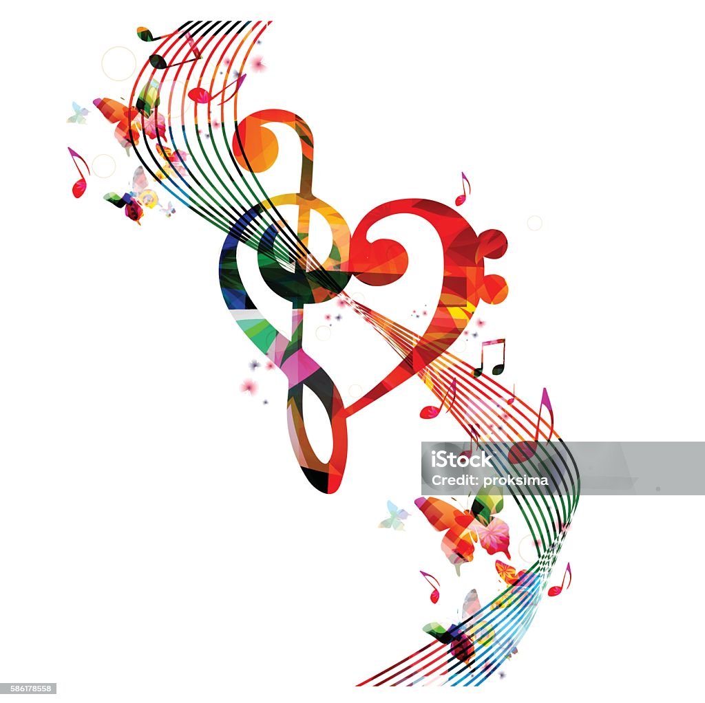 Colorido corazón de G-clef con notas musicales y mariposas - arte vectorial de Música libre de derechos