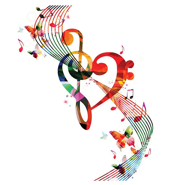 Vector illustration of Colorful G-clef heart with music notes and butterflies