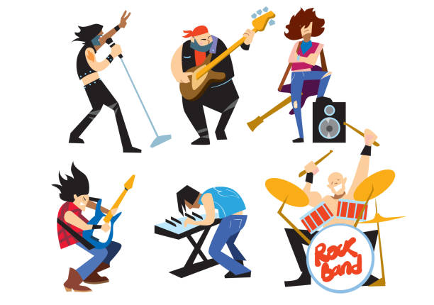 ilustrações, clipart, desenhos animados e ícones de músicos grupo de rock isolado em fundo branco. - microphone stage music popular music concert