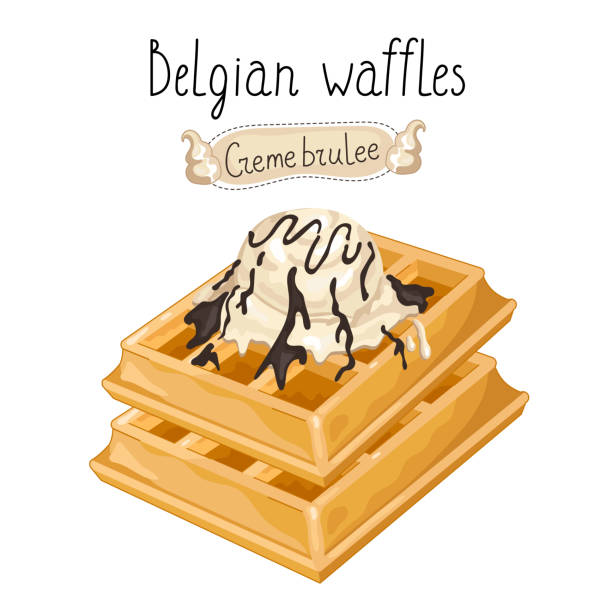 ilustrações, clipart, desenhos animados e ícones de waffles belgas com sorvete em fundo branco - waffle breakfast syrup plate