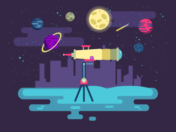 ilustraciones, imágenes clip art, dibujos animados e iconos de stock de ilustración de un telescopio en el espacio exterior de fondo en plano - hand held telescope nobody backgrounds surveillance
