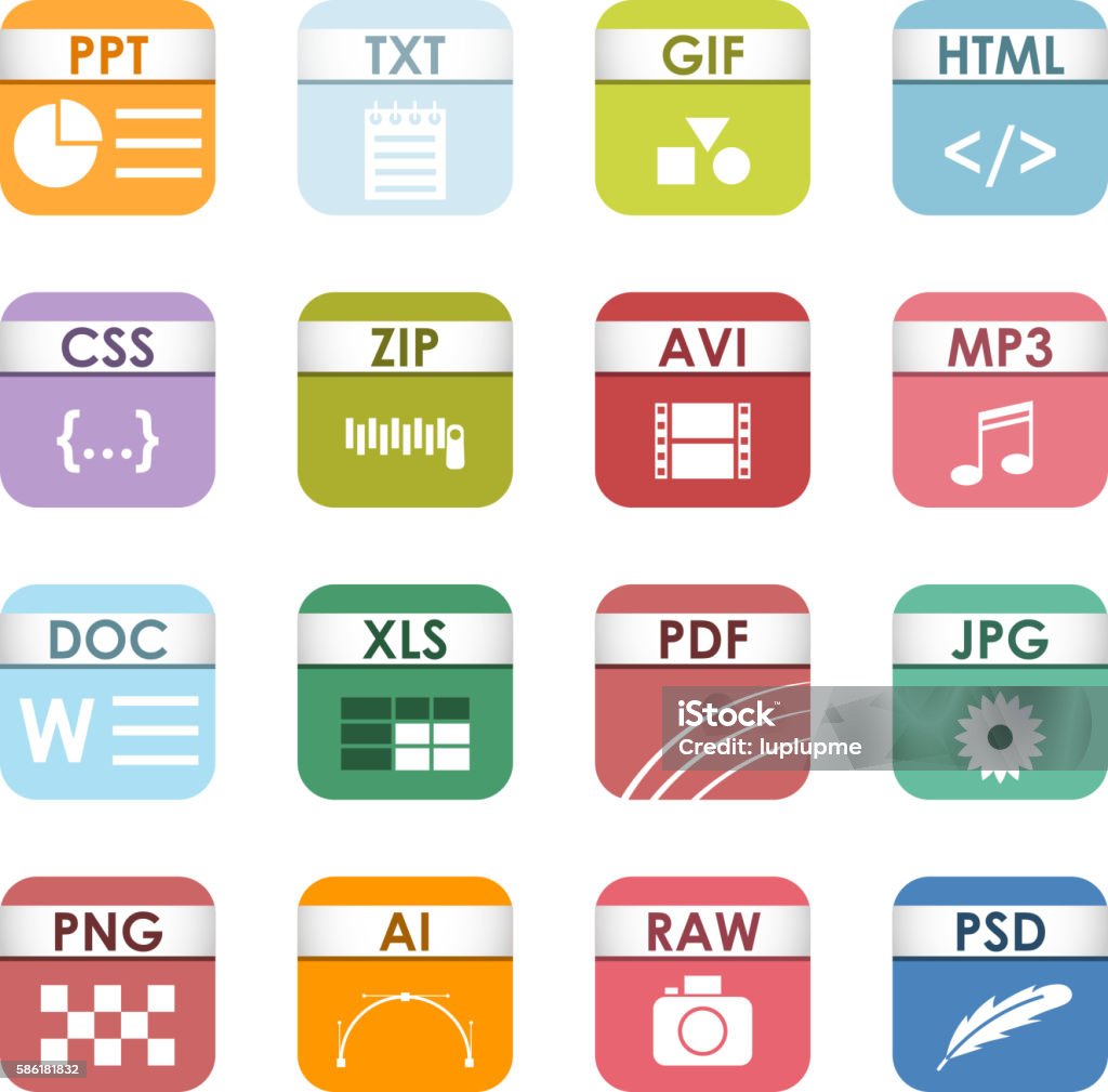 File type icons vector set. Simple vector square file types and formats labels icon set. File type format icons presentation document symbol. Audio extension file type icons graphic multimedia sign application software folder. File Folder stock vector