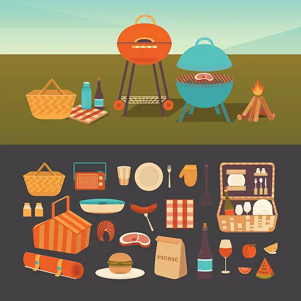 Vector illustration of Set of summer picnic