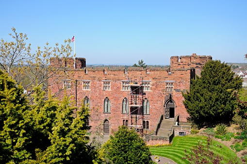 Shrewsbury, United Kingdom - April 22, 2015: Elevated view of the sandstone castle and gardens, Shrewsbury, Shropshire, England, UK, Western Europe.