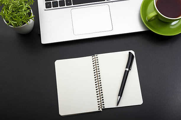 istock Office desk table with supplies. Top view. Copy space for 586185786