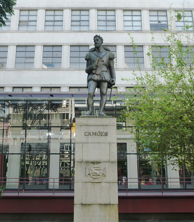 Sao Paulo, Brazil - July 30, 2016: Statue of Luis Vaz de Camoes in front of the Mario de Andrade Library in the city center of Sao Paulo.