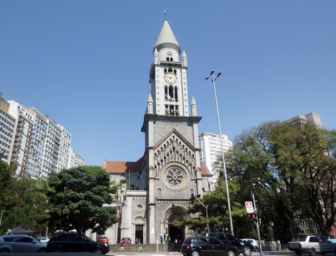 Sao Paulo, Brazil - July 30, 2016: Front view of Our Lady of Consolation Church from the Consolation avenue in the city center of Sao Paulo.