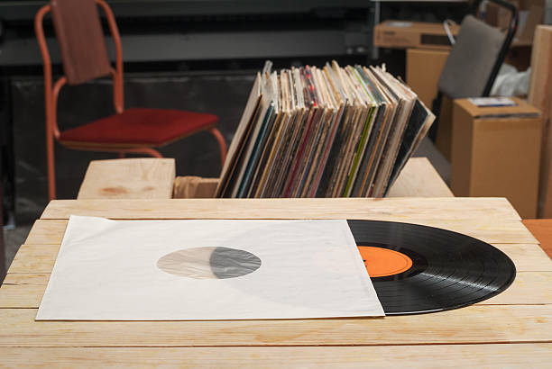 istock Vinyl record with copy space in front of a collection. 586188216