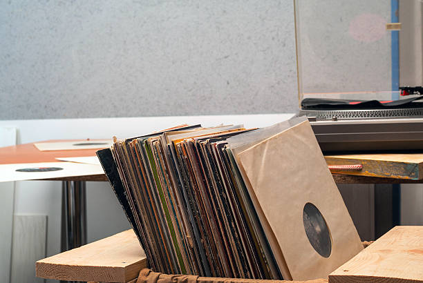 istock Vinyl record with copy space in front of a collection. 586188574