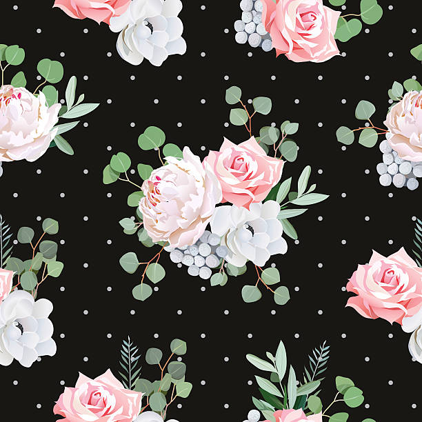 Black pattern with bouquets of rose, peony, anemone, brunia Black pattern with bouquets of rose, peony, anemone, brunia flowers and eucaliptis leaves. Seamless vector print and polka dots backdrop. drawing of pink and black polka dot wallpaper stock illustrations