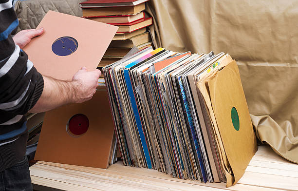 istock Vinyl record with copy space in front of a collection. 586188814