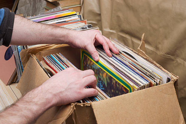 istock Vinyl record with copy space in front of a collection. 586188866