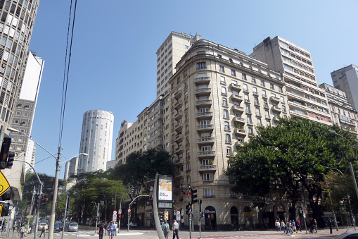 Sao Paulo, Brazil - July 30, 2016: View from the Ipiranga Avenue with old and iconic buildings in the city center of Sao Paulo.