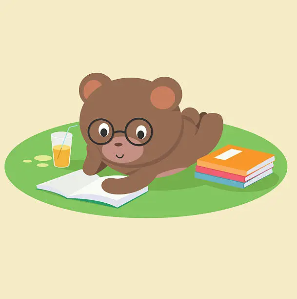 Vector illustration of Bear reding book lying down