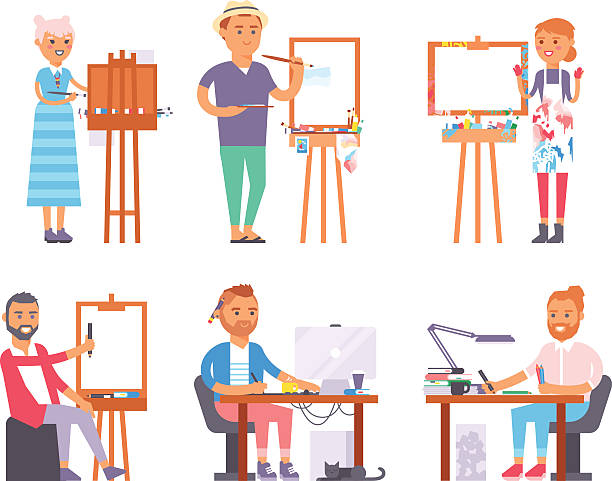 Artist creative people vector character Young artist creative people in studio during pain work. Portrait drawing artist creative people vector. Colorful adult painter artist designer creative people with paintbrush. fashion studio stock illustrations