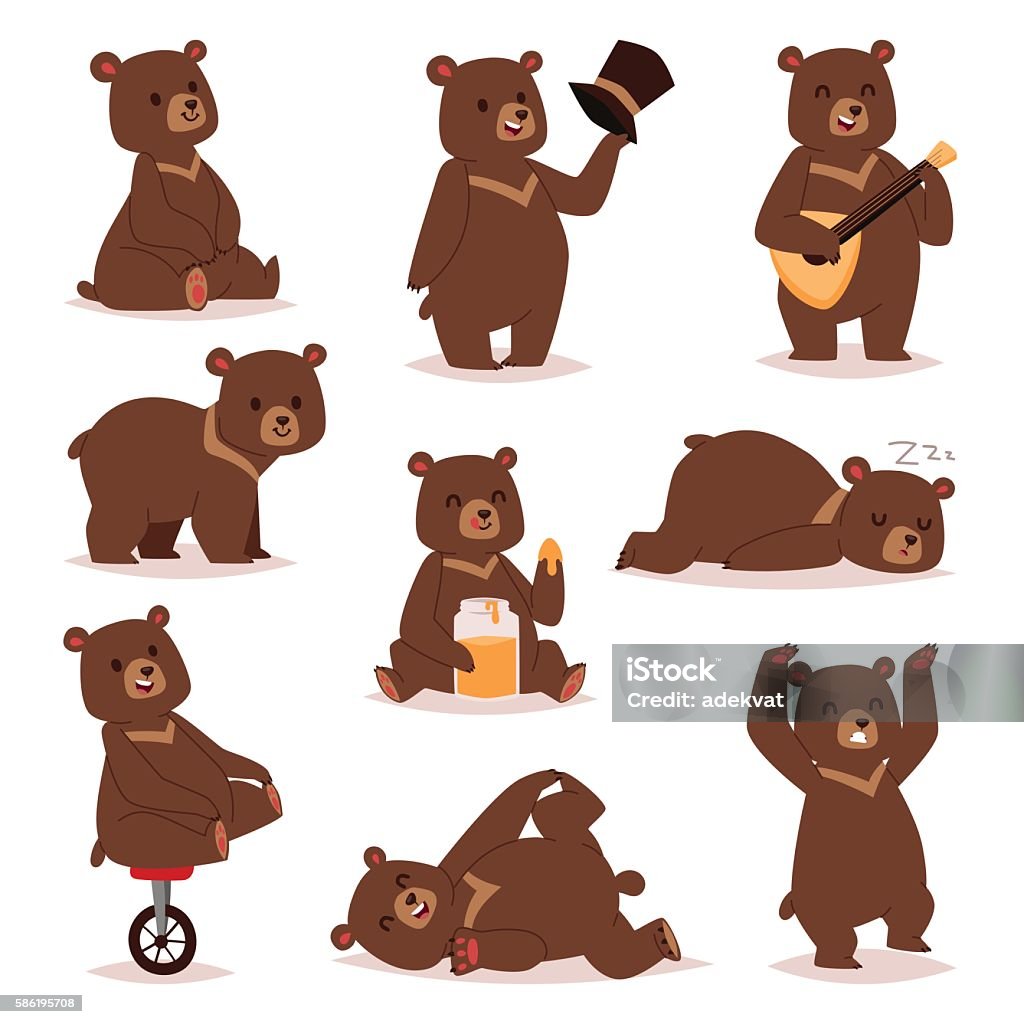 Cartoon bear vector set. Collection of cute cartoon bear emotions icon. Brown character happy smiling bear drawing mammal teddy smile. Cheerful mascot cartoon bear grizzly, young, baby animal zoo collection. Bear stock vector