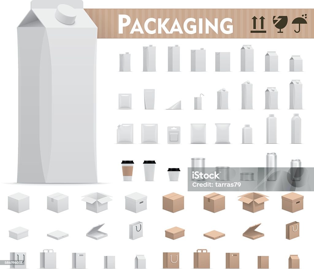 Vector retail packages set Set of the paper, plastic and metal packages Template stock vector