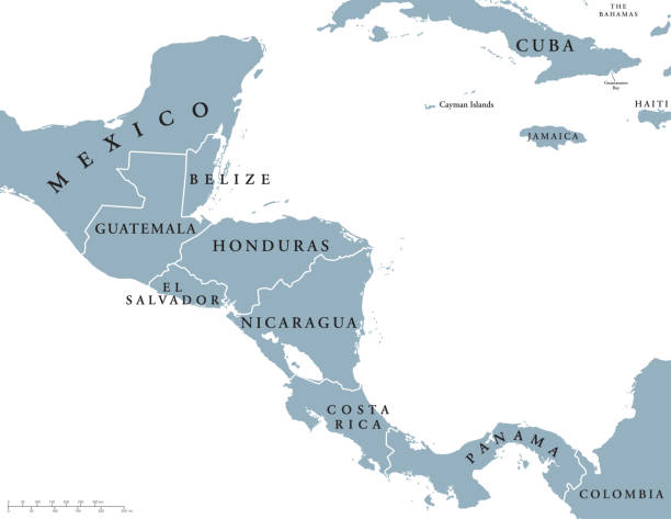 Central America countries political map Central America countries political map with national borders, from Mexico to Colombia, connecting North and South America, Caribbean Sea to the east and Pacific Ocean to the west. English labeling. central america stock illustrations
