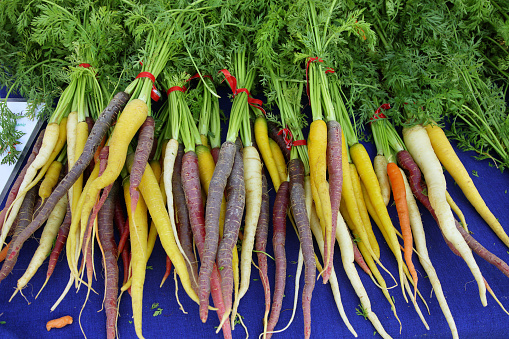 freshly harvested, colorful organic carrots in a farmer's market.