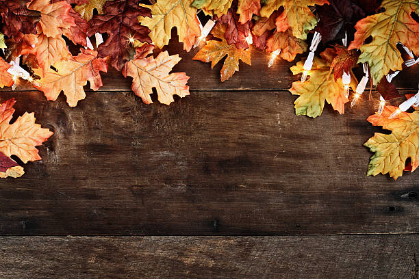 istock Fall Leaves and Lights over Wooden Background 586198140